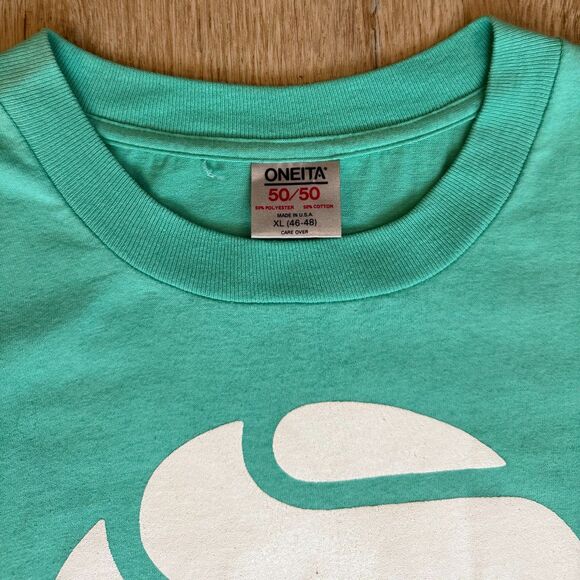 Oneita Graphic T-Shirt Syntex Logo Green XL USA Made Single Stitch 50/50 Blend - Picture 4 of 7